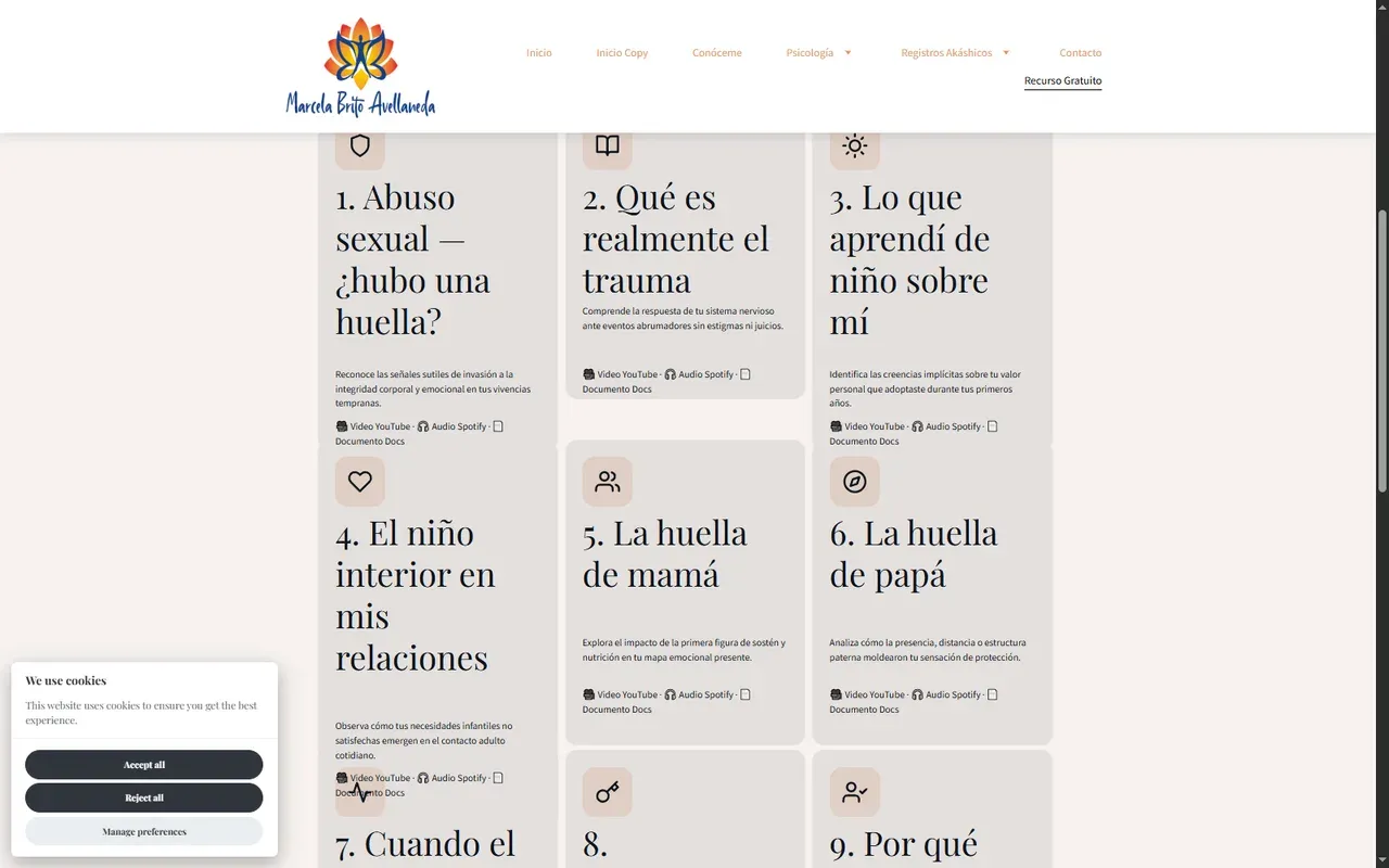 Recurso Adiós Trauma con rótulos de YouTube, Spotify y Docs sin enlace
