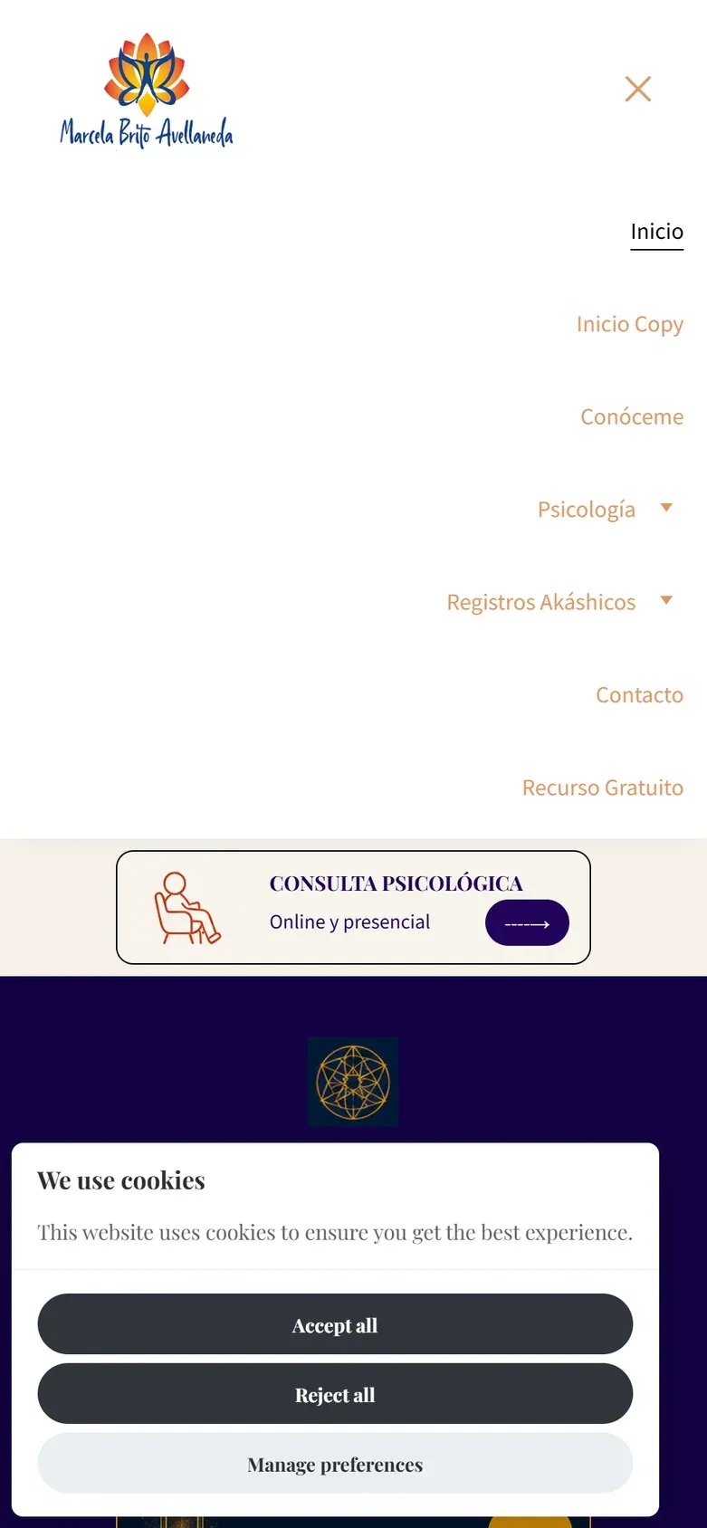 Menú móvil abierto con Inicio Copy